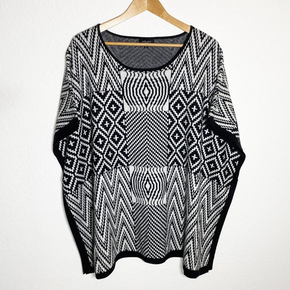 Colour Works Black & White Geometric Woven Pullover  Poncho Sweater Size XL